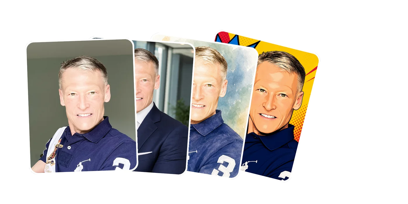 One real photo fanned into several precise AI transformations — the same face in every one.